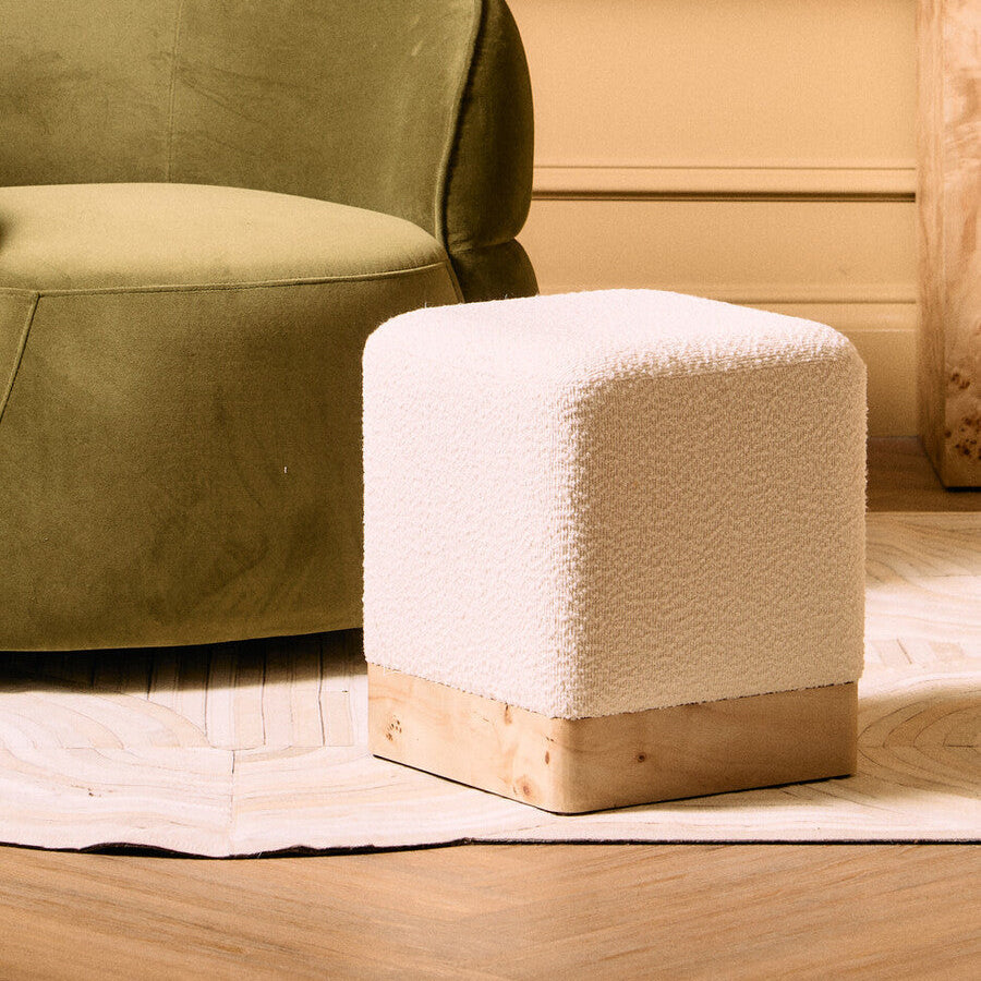 Mota Burl Wood And Cream Boucle Square Stool
