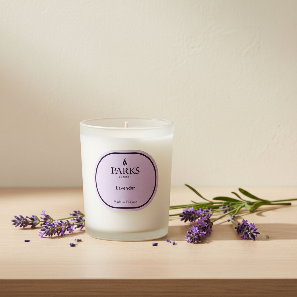 Parks lavender candle on a wooden surface with lavender flowers.