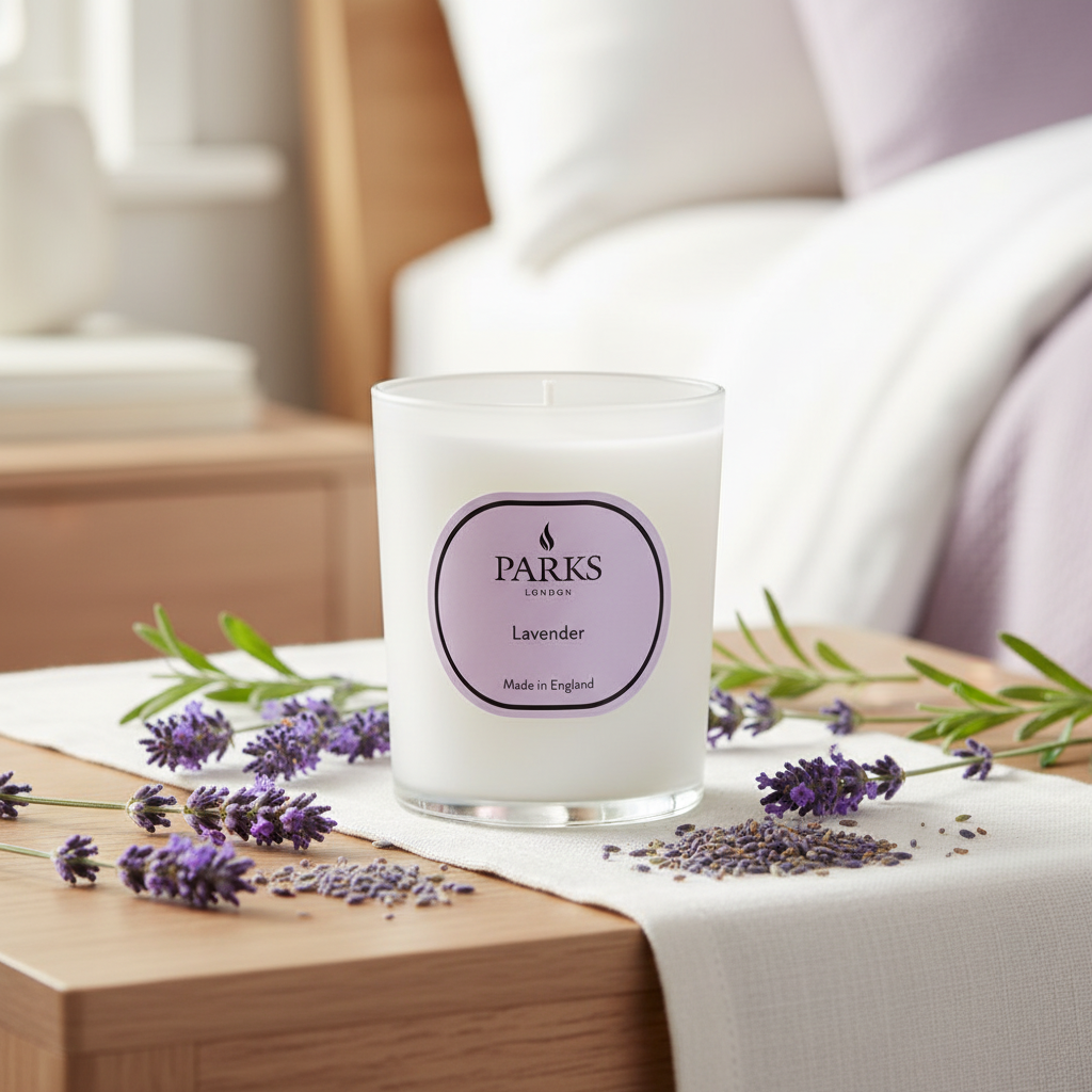Parks Lavender candle on a table with lavender flowers