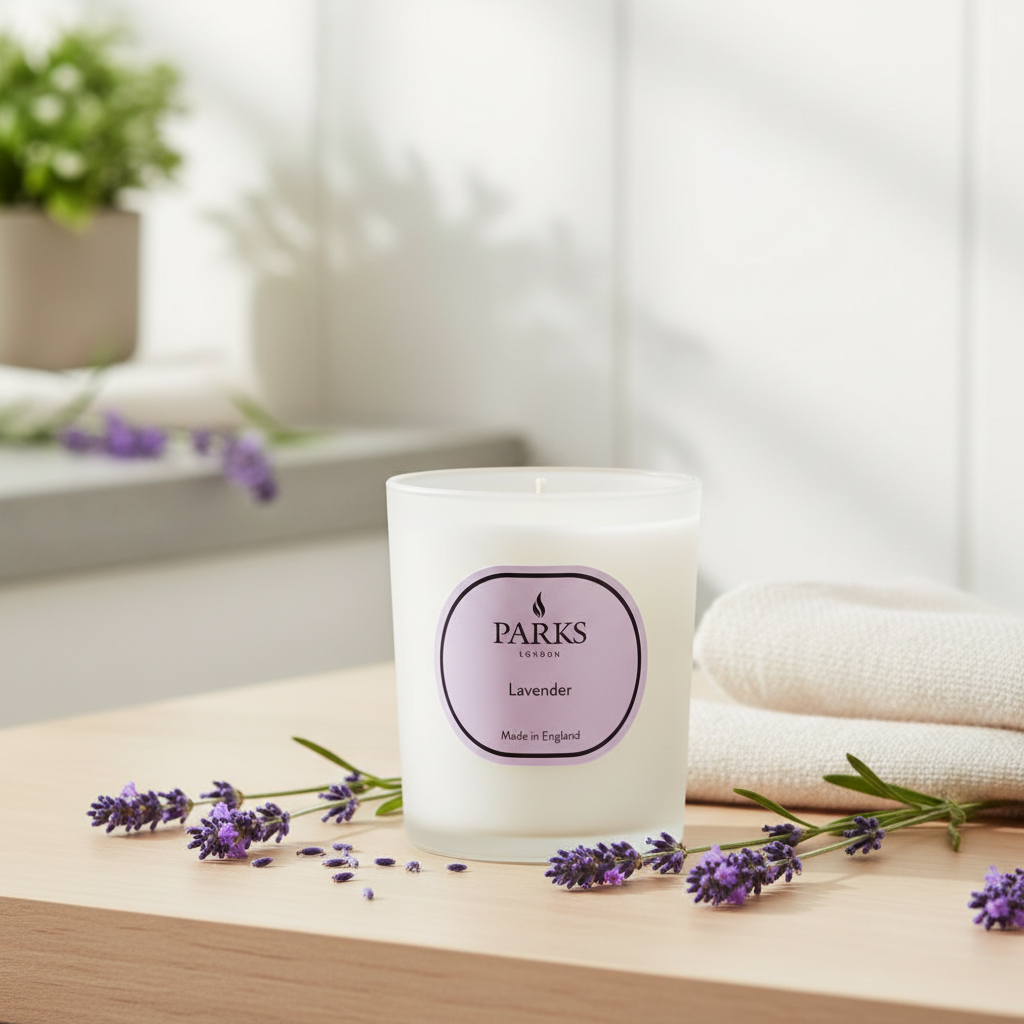 Parks Lavender candle on a wooden surface with lavender flowers and towels in the background