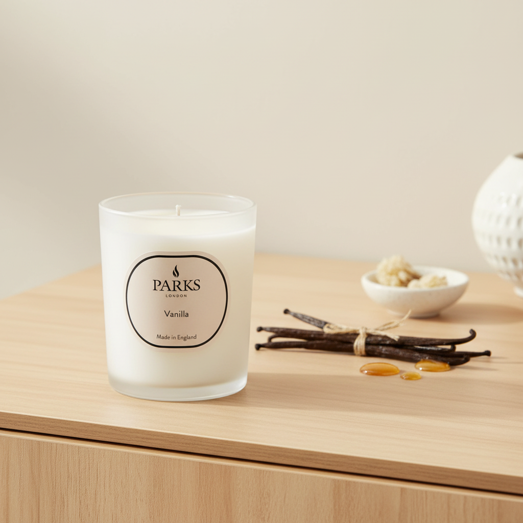 Parks London vanilla candle on a wooden surface with vanilla beans and pods.