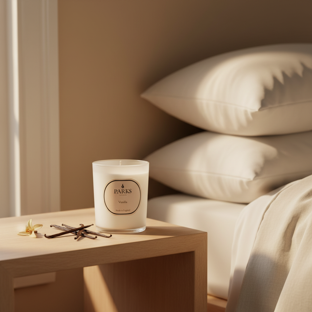 Candle on a bedside table with pillows in the background