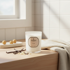 Parks Vanilla candle on a wooden surface with vanilla beans and a window in the background