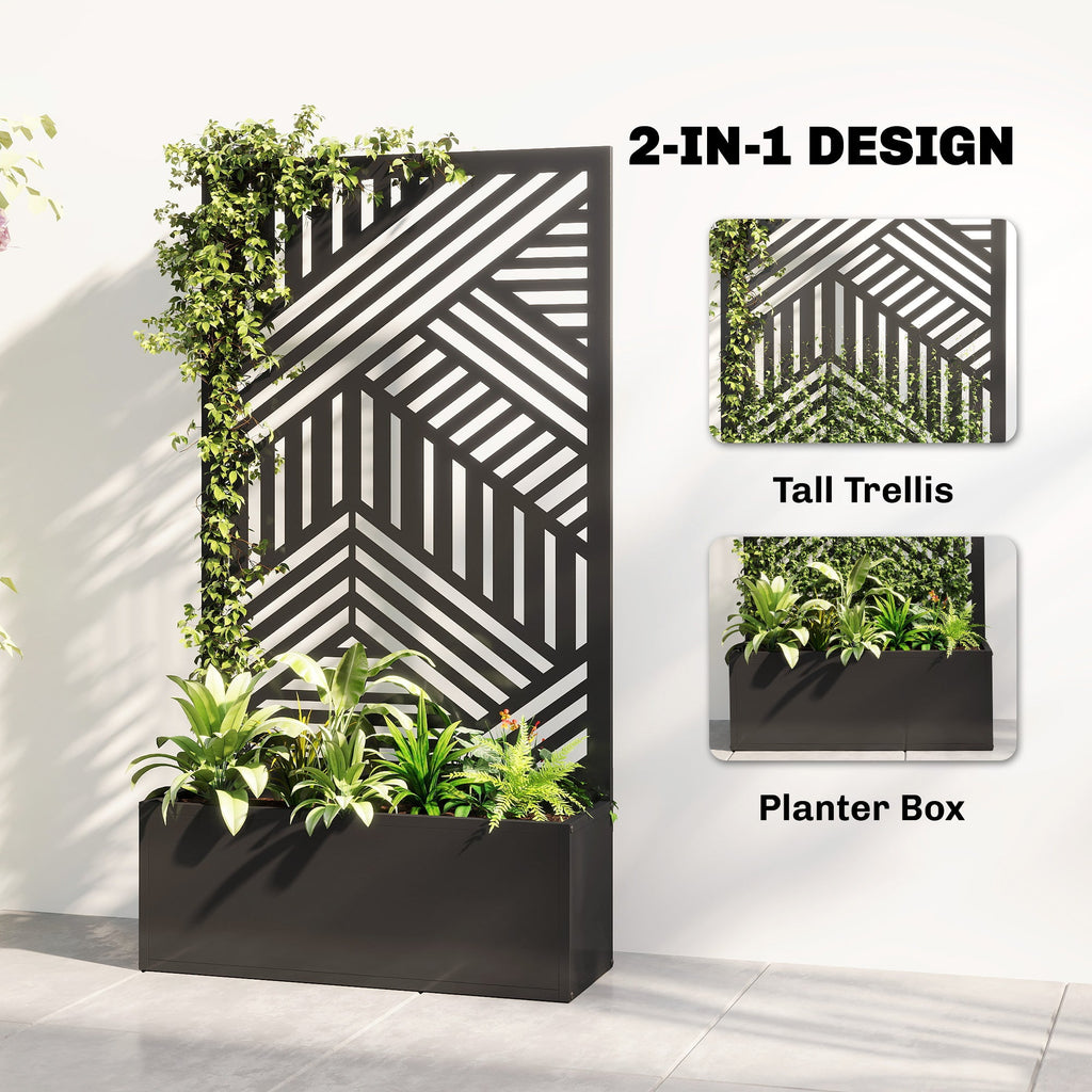 Outsunny Metal Garden Bed for Garden with Trellis, Raised Garden Bed with Privacy Screen, Geometric Slatted Cut-Out