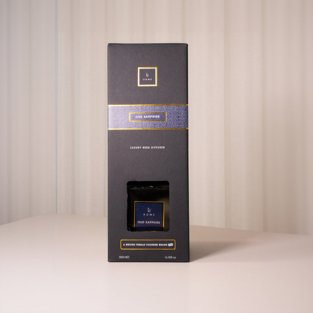 Dark gray packaging box with gold accents on a light background