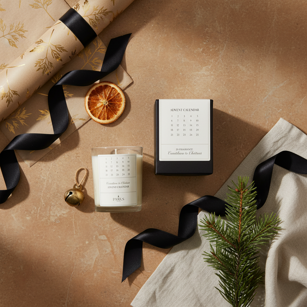 Candle, calendar, and decorative items on a textured surface with a warm color palette.