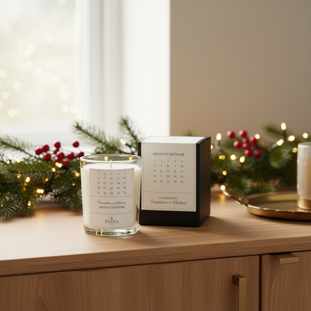 Candle and calendar on a wooden surface with festive decorations in the background
