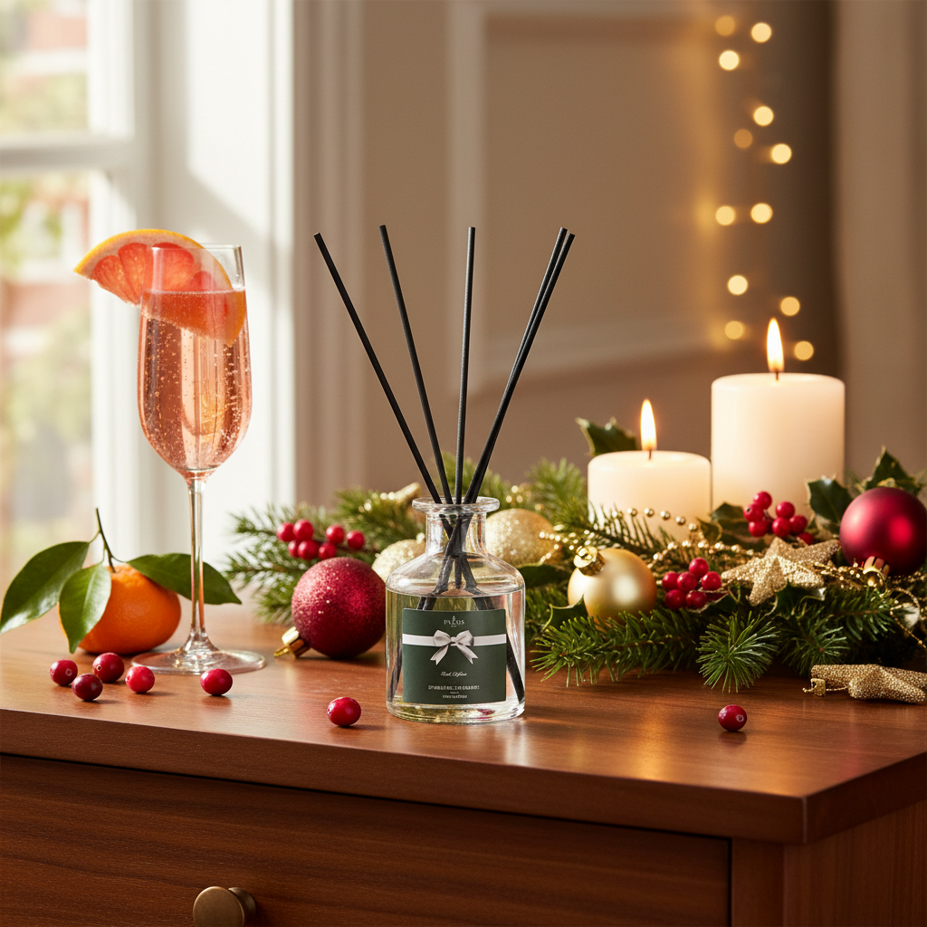 Decorative setup with a diffuser, candles, and festive decorations on a wooden surface.
