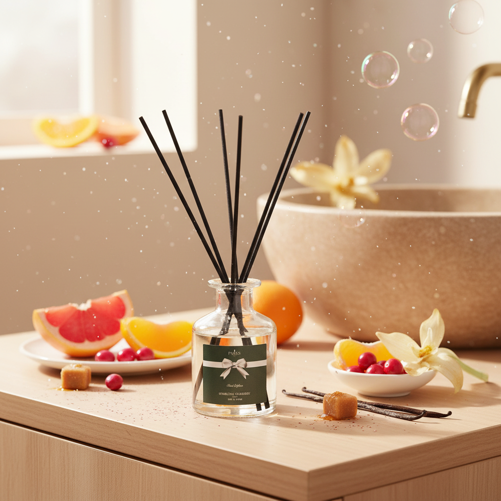Diffuser with black sticks on a wooden surface with fruits and a bowl in the background