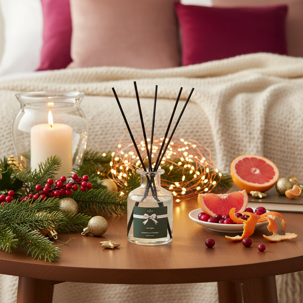 Decorative diffuser bottle on a table with festive items including candles, fruits, and lights.