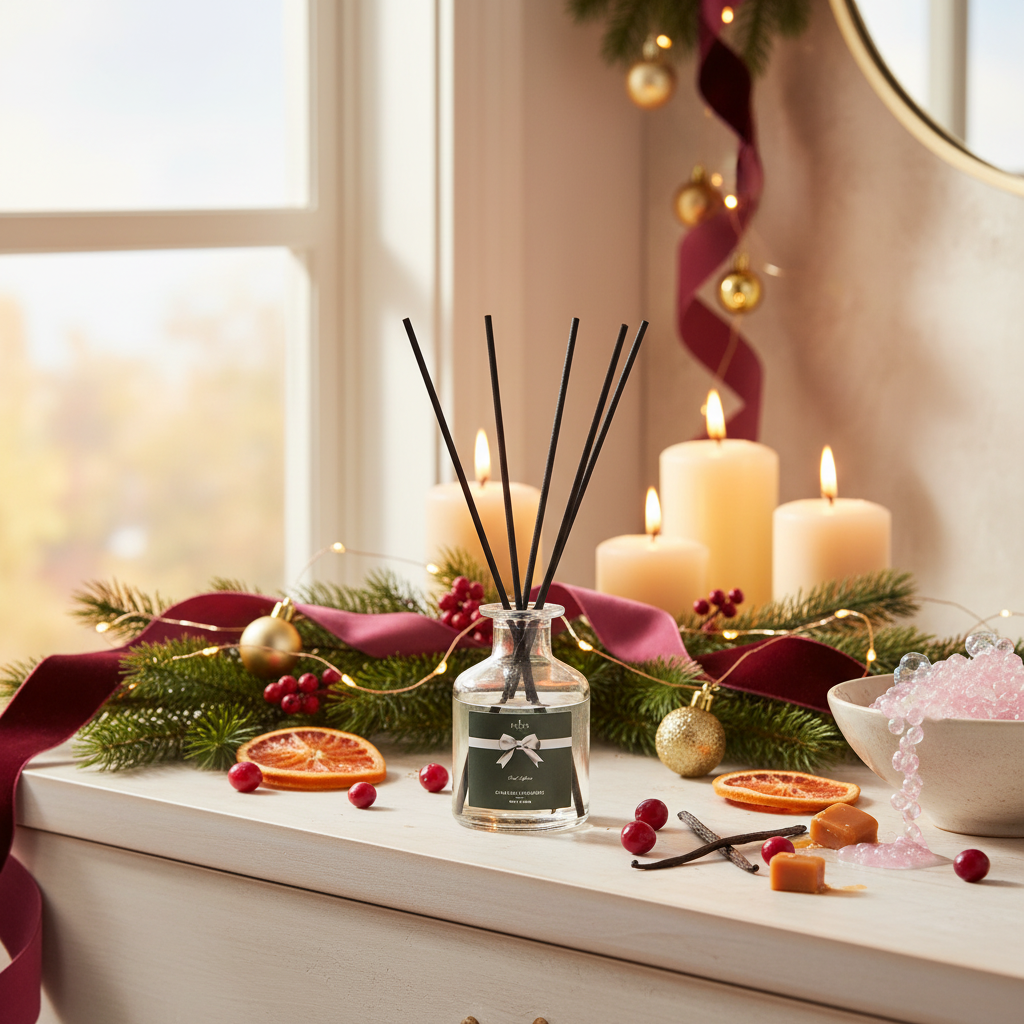 Decorative diffuser with candles and festive elements on a windowsill.