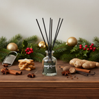 Diffuser with reeds on a wooden surface with Christmas decorations