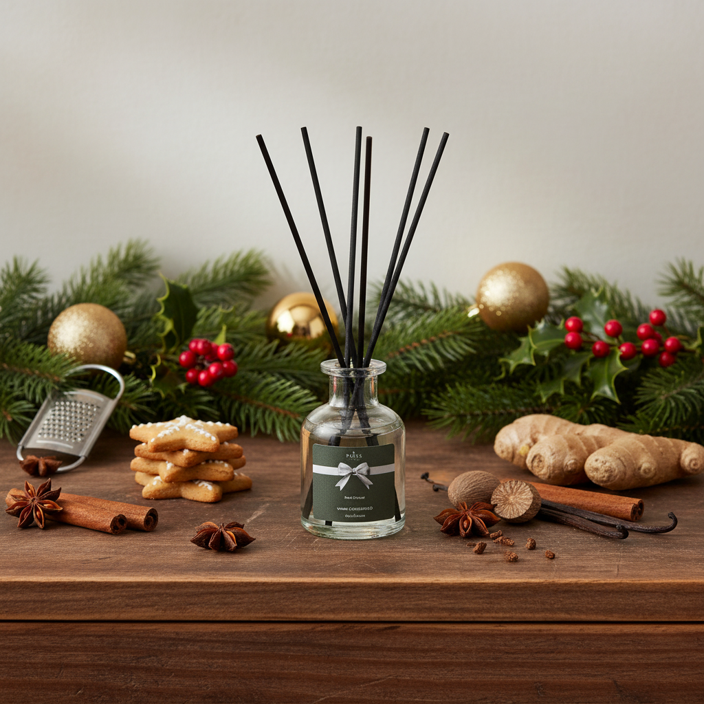 Diffuser with reeds on a wooden surface with Christmas decorations