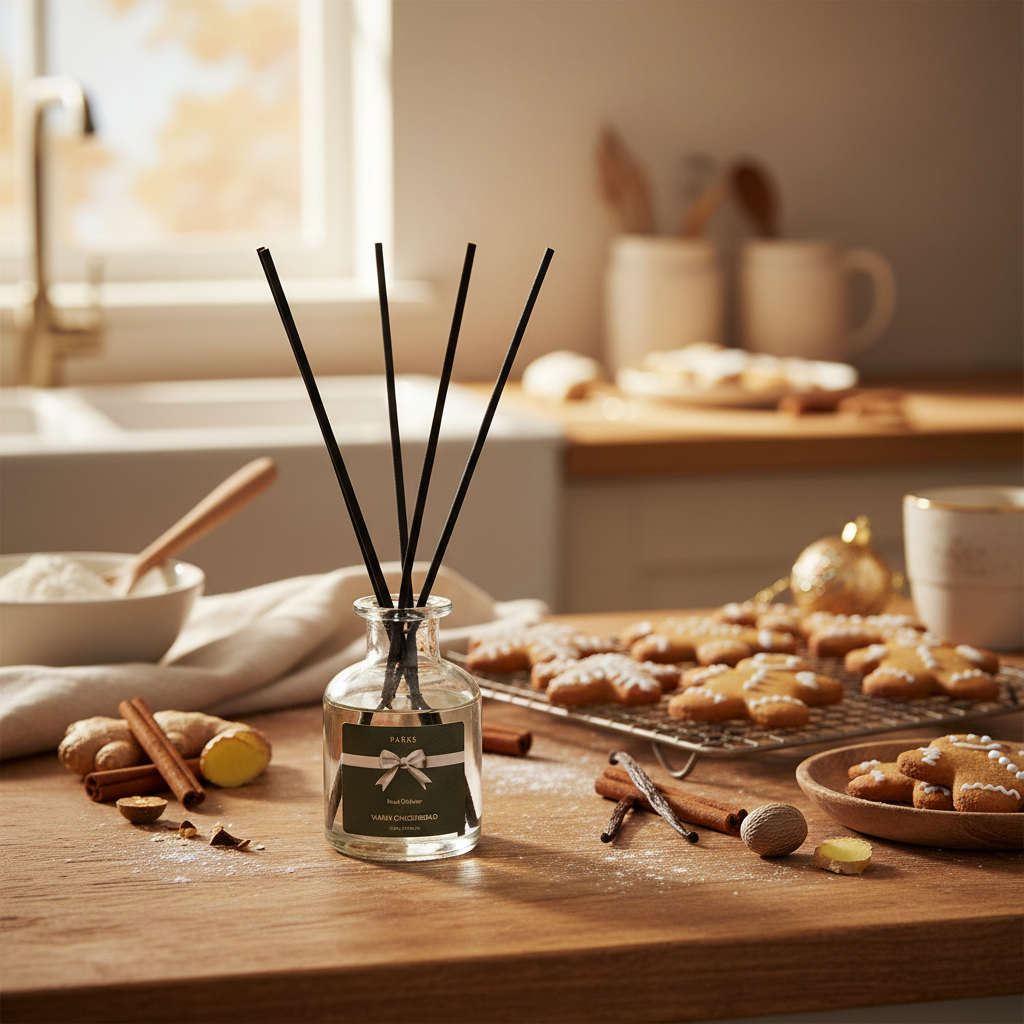 Diffuser with reeds on a kitchen counter with baking ingredients and pastries.