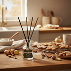 Diffuser with reeds on a kitchen counter with baking ingredients and pastries.