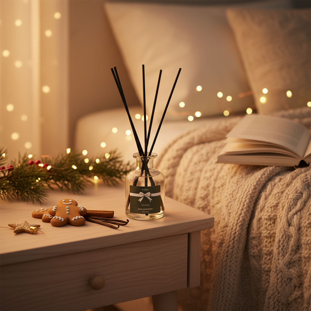 Diffuser with sticks on a bedside table next to a book and decorative items, with soft lighting and blurred background.