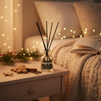Diffuser with sticks on a bedside table next to a book and decorative items, with soft lighting and blurred background.