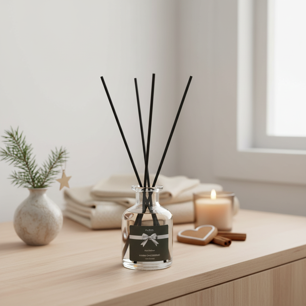 Diffuser with black sticks on a wooden surface with a candle and decorative items in the background