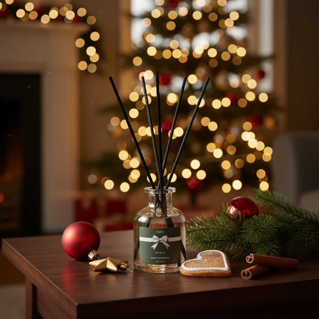 Decorative diffuser with Christmas-themed elements on a table in a festive setting.