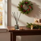 Decorative setup with a diffuser, wreath, and gifts on a wooden surface.