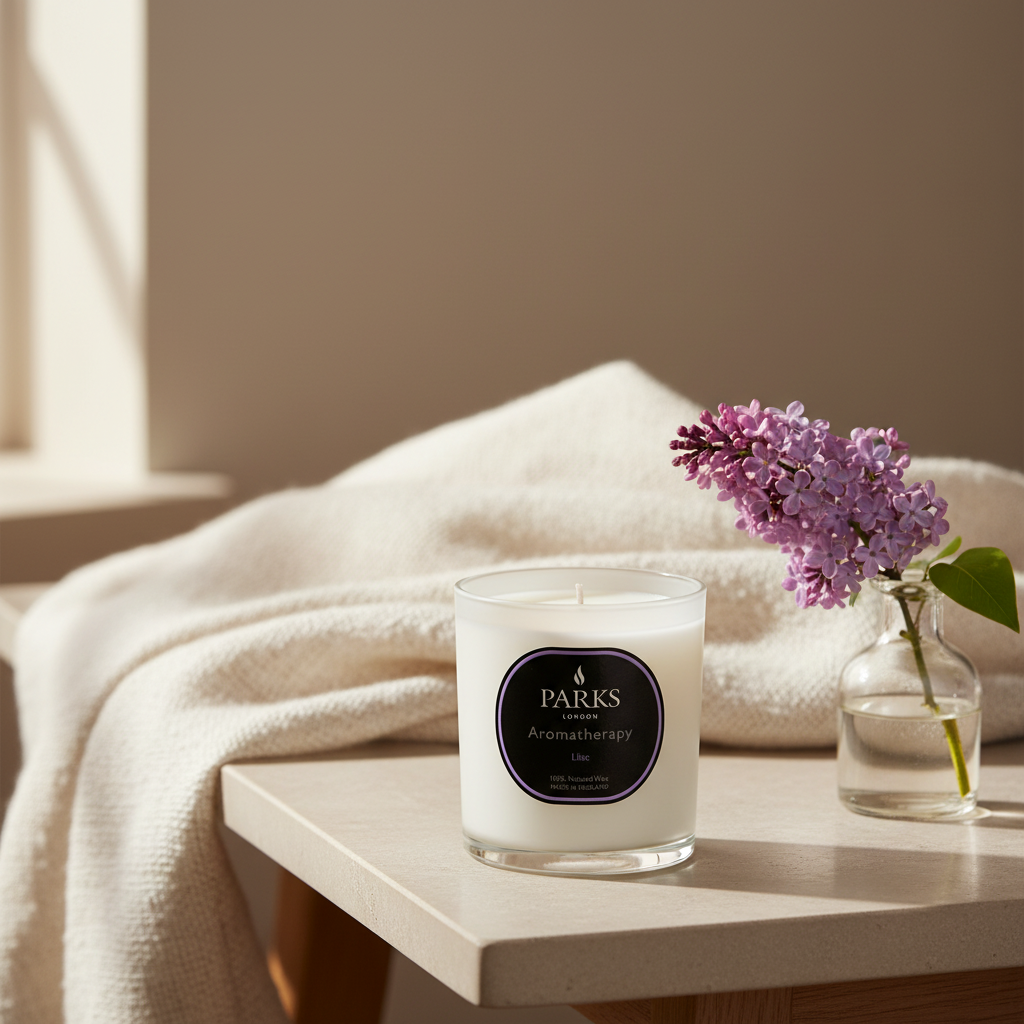 Candle with a 'PARKS' label on a table with a vase of purple flowers and a white blanket.