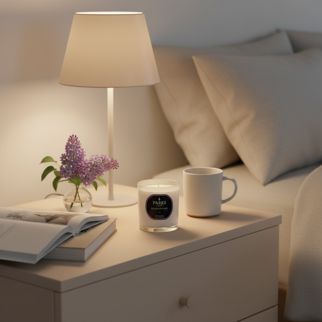 Nighstand with lamp, candle, mug, and book in a cozy bedroom setting
