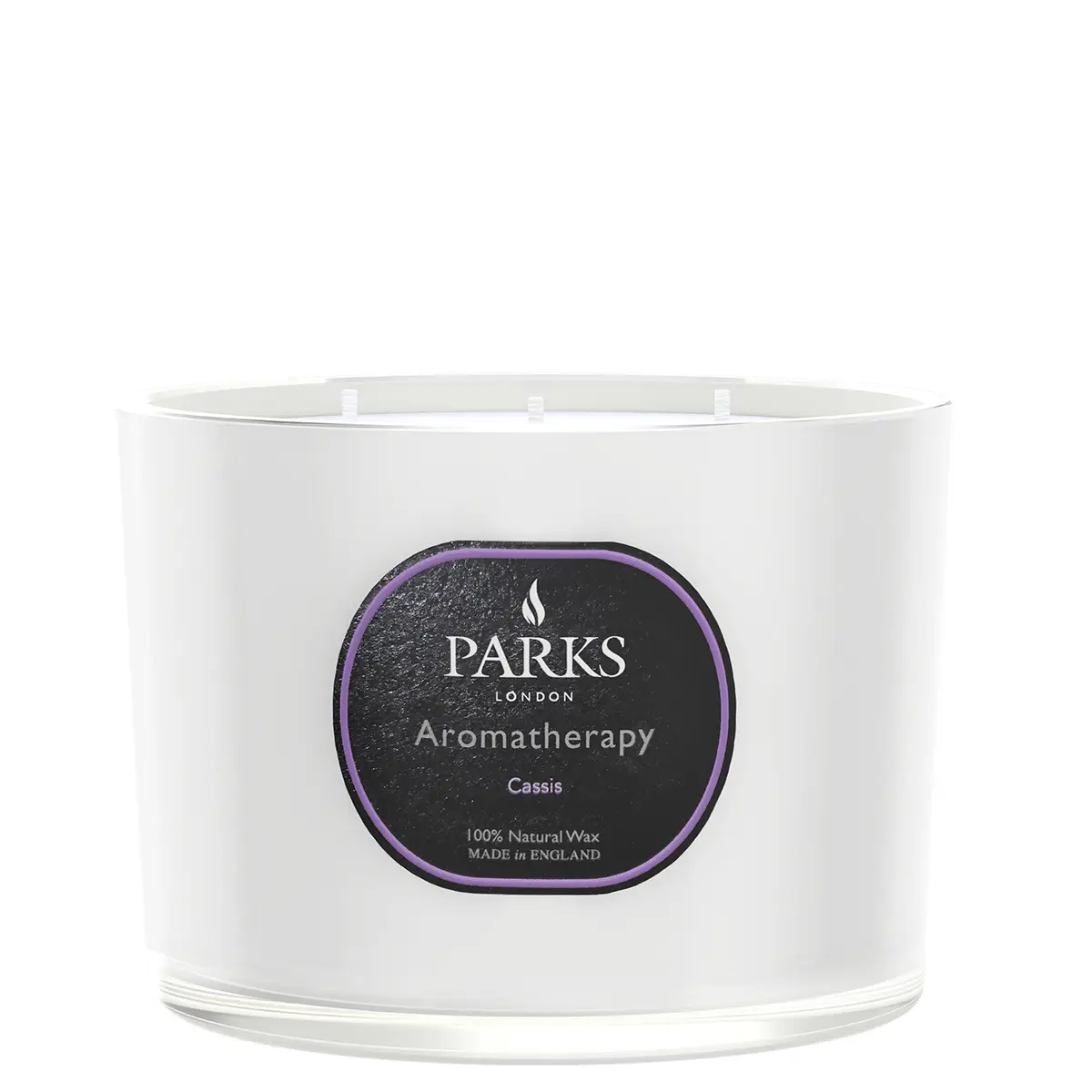 White candle with a black label featuring the 'Parks London' brand on a white background