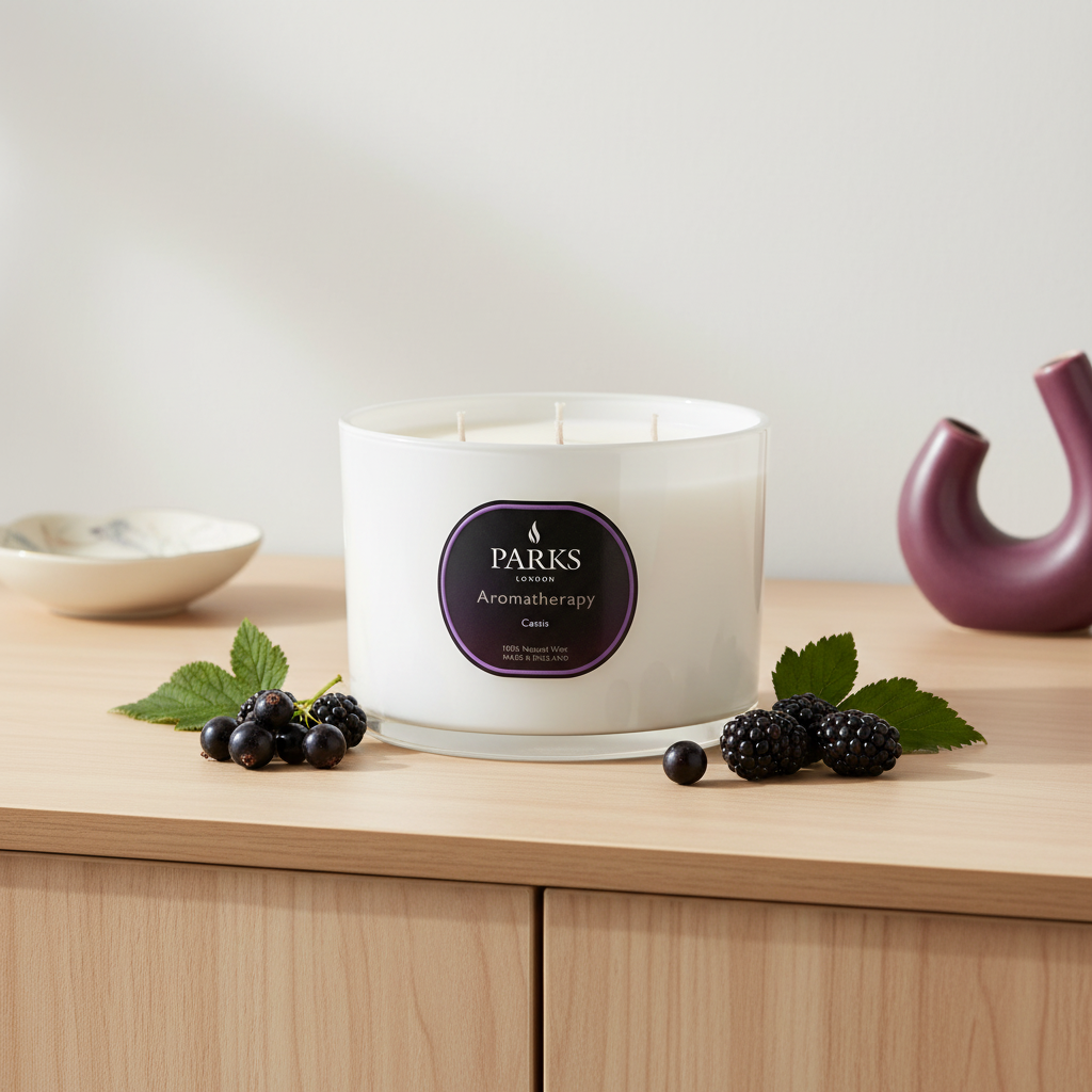 Parks candle on a wooden surface with blackberries and leaves