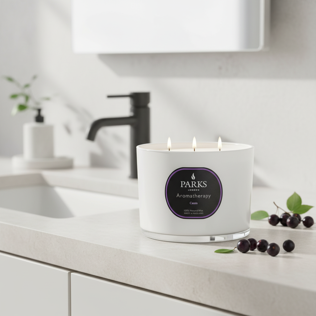 Parks London candle on a bathroom counter with a blurred background