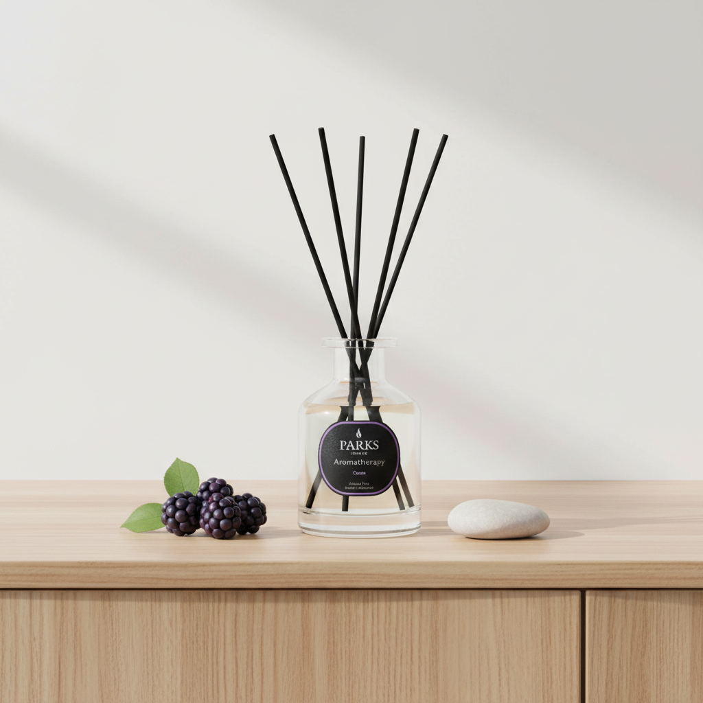 Reed diffuser with black sticks on a wooden surface with a light background