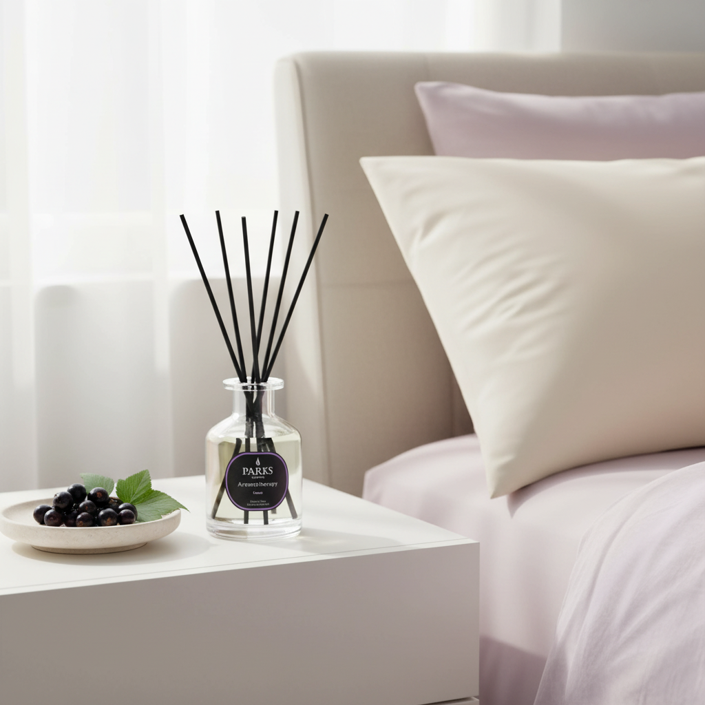 Diffuser with black sticks on a nightstand next to a bed with white pillows.