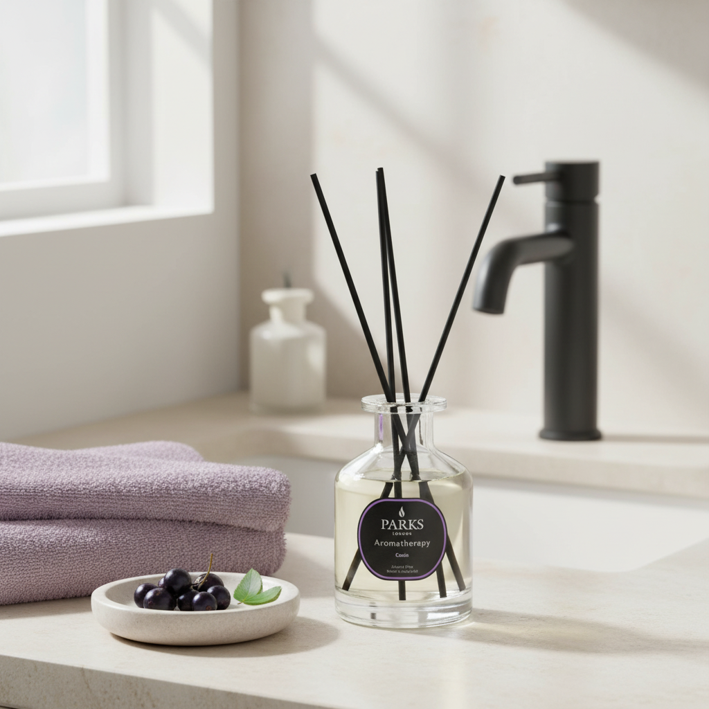 Bottle of diffuser with black sticks on a bathroom counter with towels and soap in the background