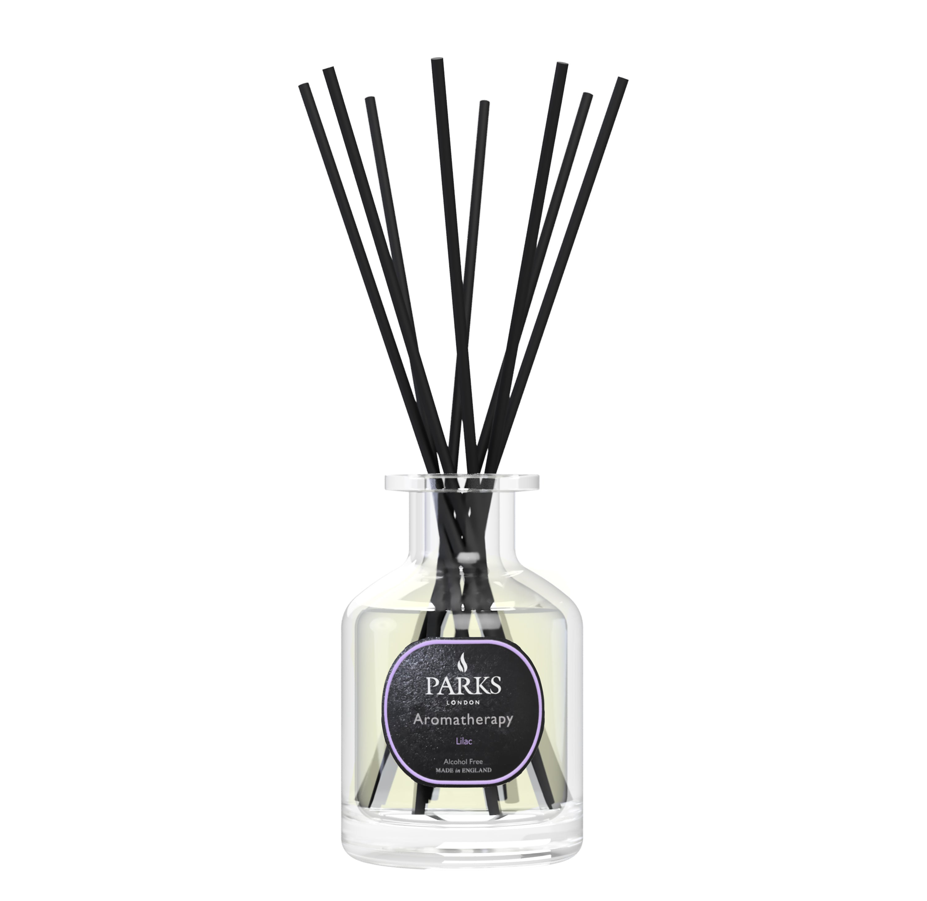 Diffuser with black sticks and a visible label on a white background