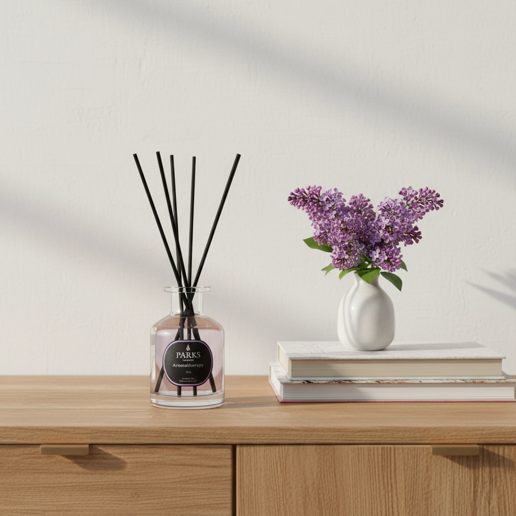 Diffuser with black sticks and a vase with purple flowers on a wooden surface.