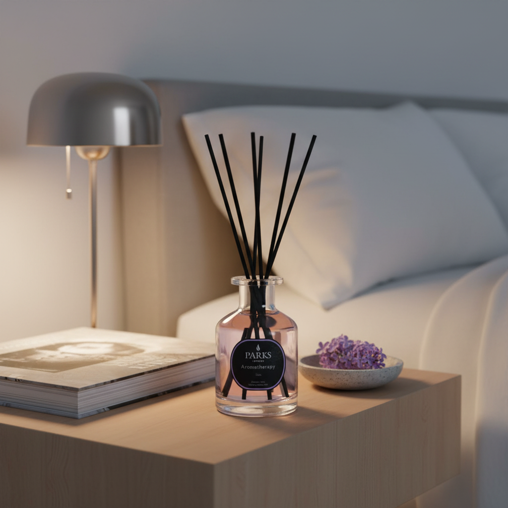 Diffuser with black sticks on a nightstand next to a lamp and book in a bedroom setting