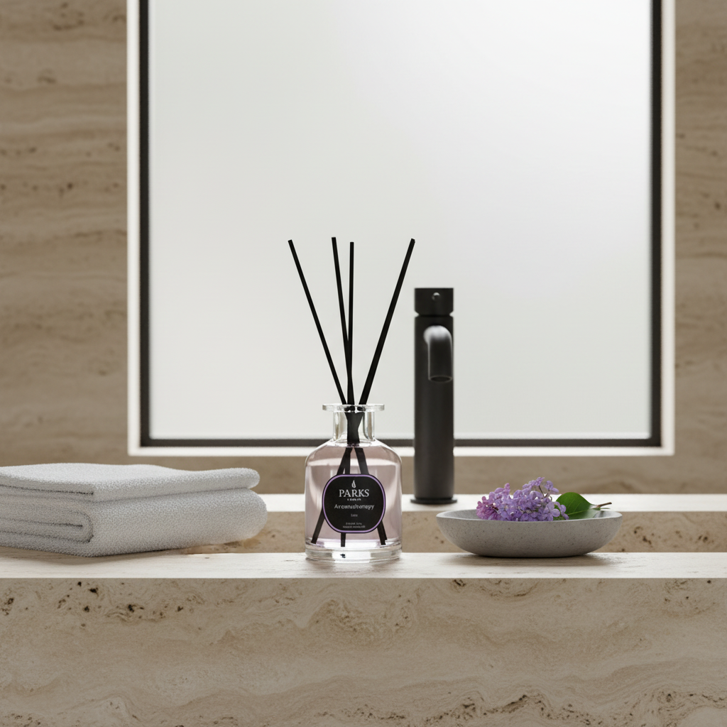 Diffuser with sticks on a bathroom counter with towel and flowers