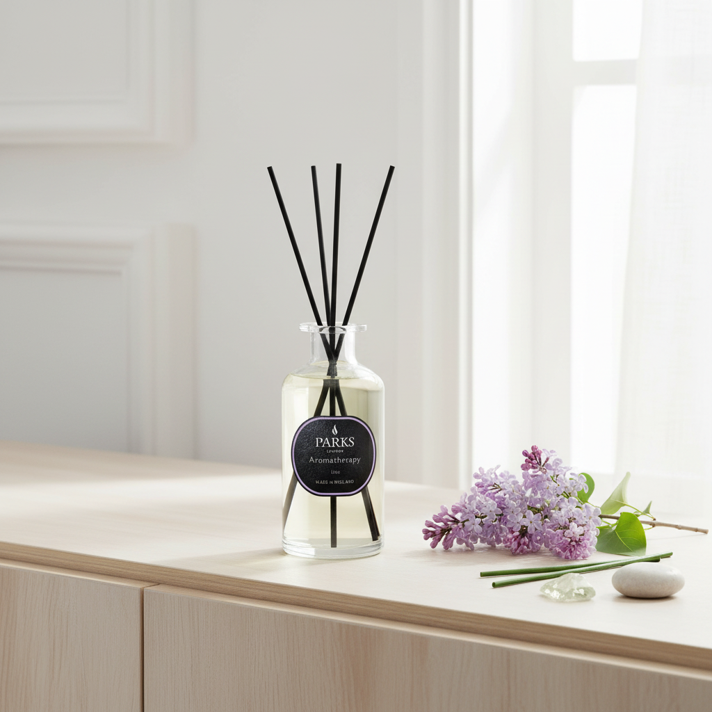 Diffuser with black sticks on a wooden surface near a window with light purple flowers.