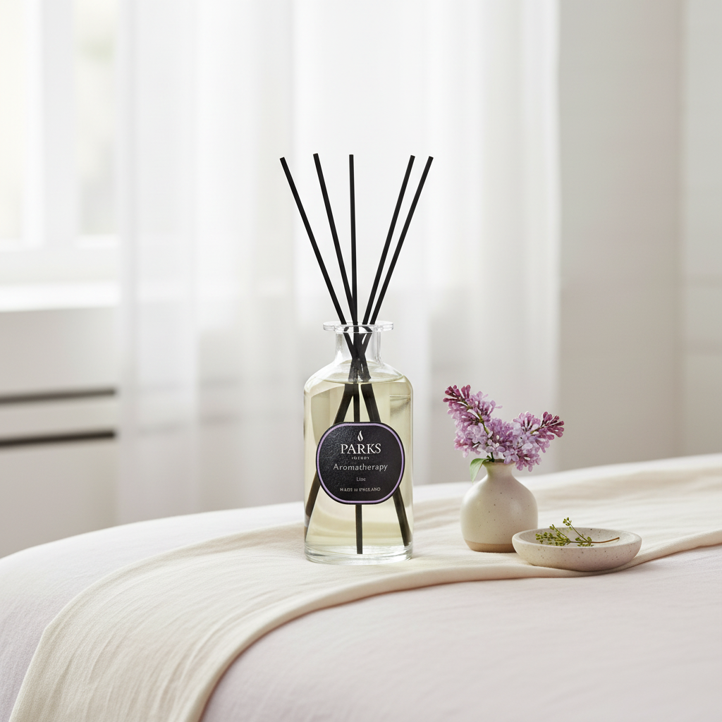 Diffuser with reeds on a surface with a soft background