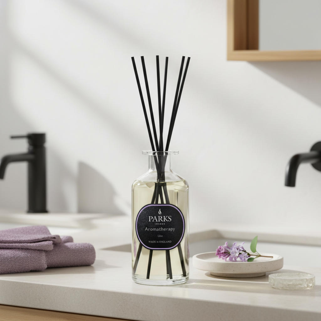 Parks Aromatherapy diffuser bottle on a bathroom counter with a blurred background