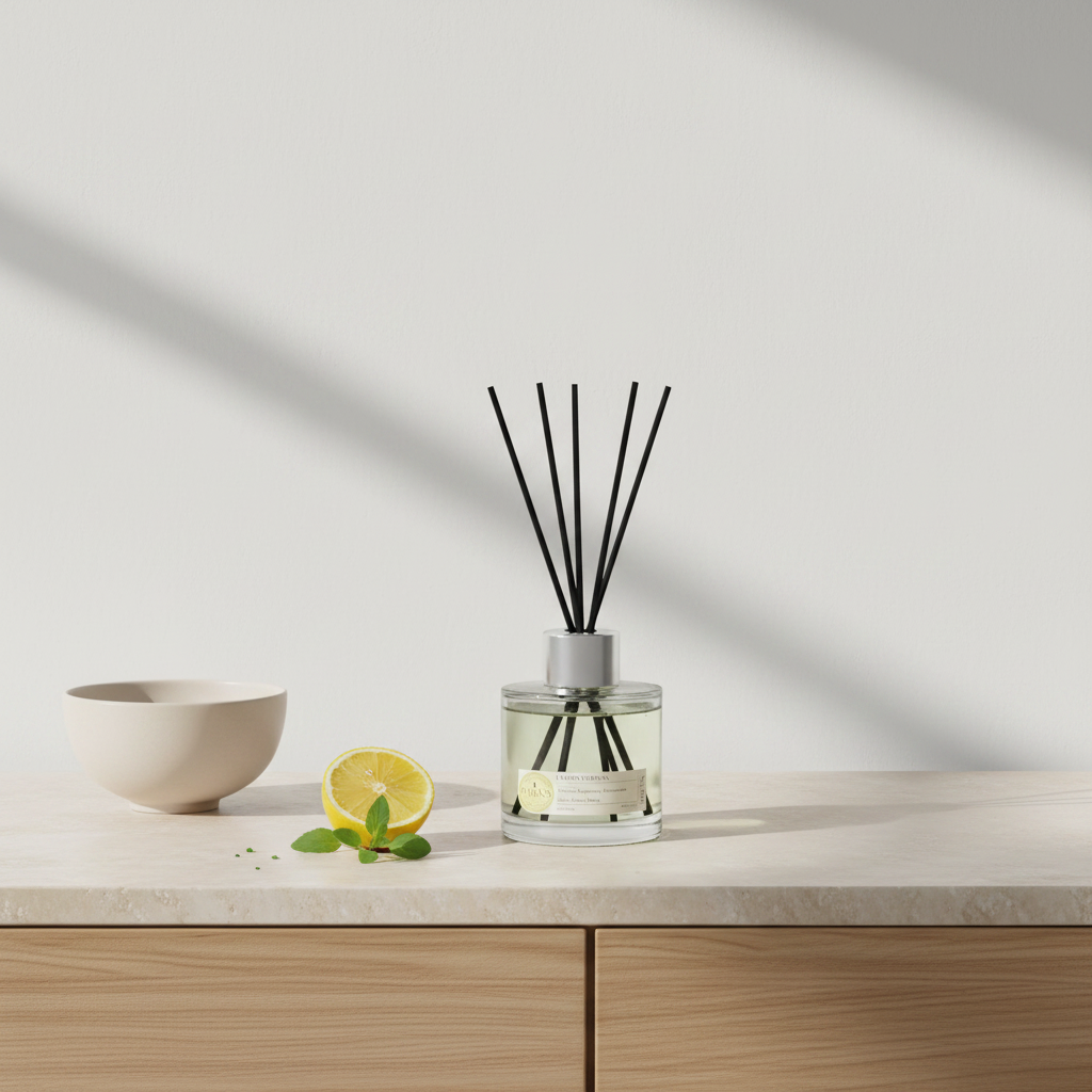 Diffuser with black reeds on a light wooden surface with a lemon and mint leaves.