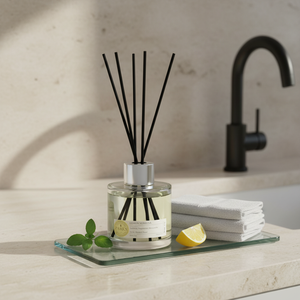 Diffuser with black reeds on a glass tray in a bathroom setting