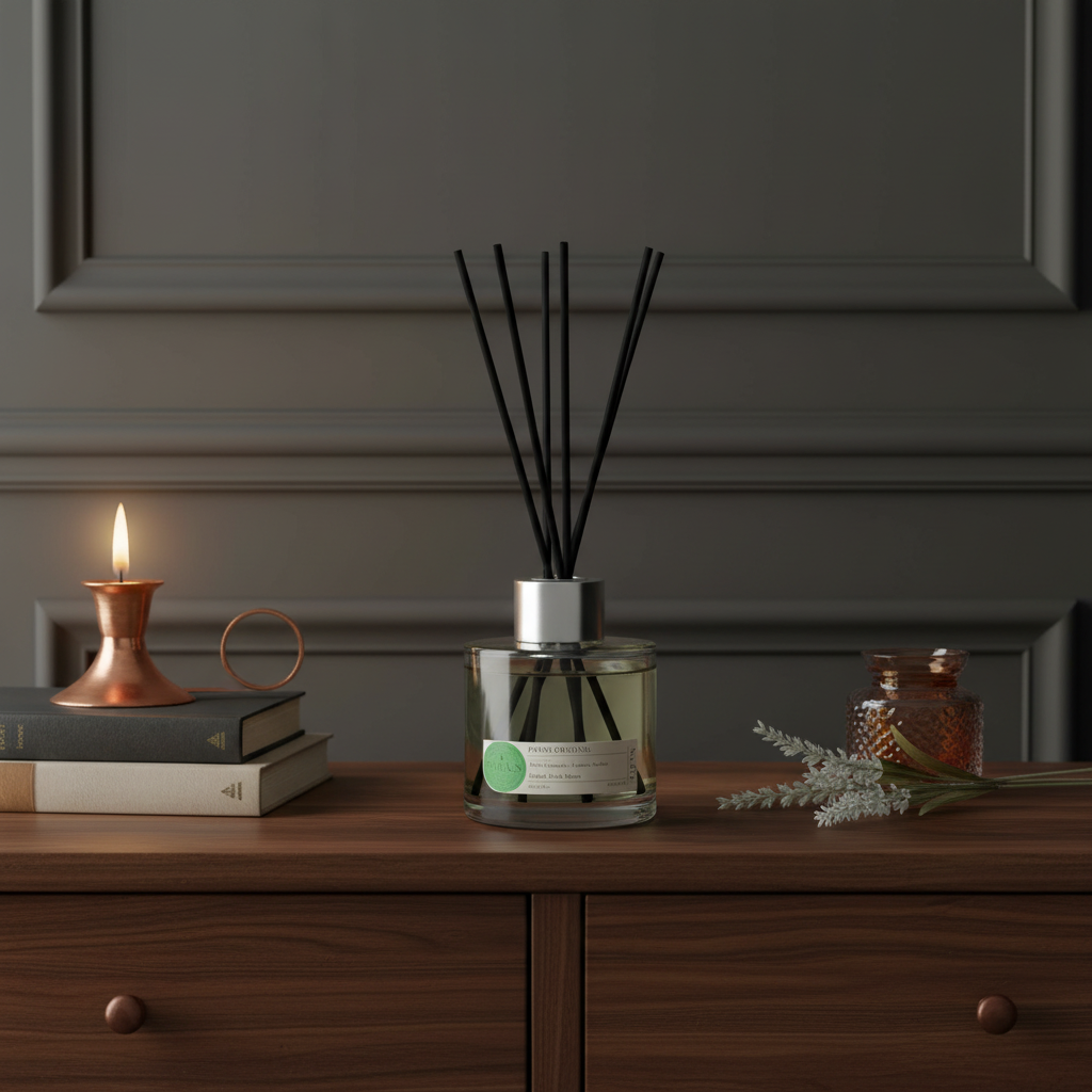 Aromatherapy diffuser with reeds, candle, and books on a wooden surface against a dark wall.