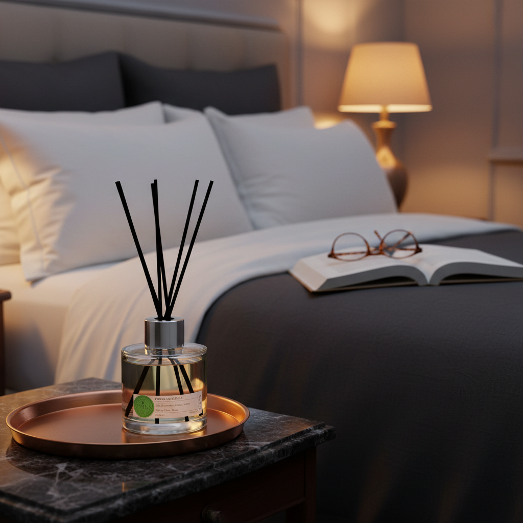 Diffuser on a nightstand with a book and glasses in a bedroom setting
