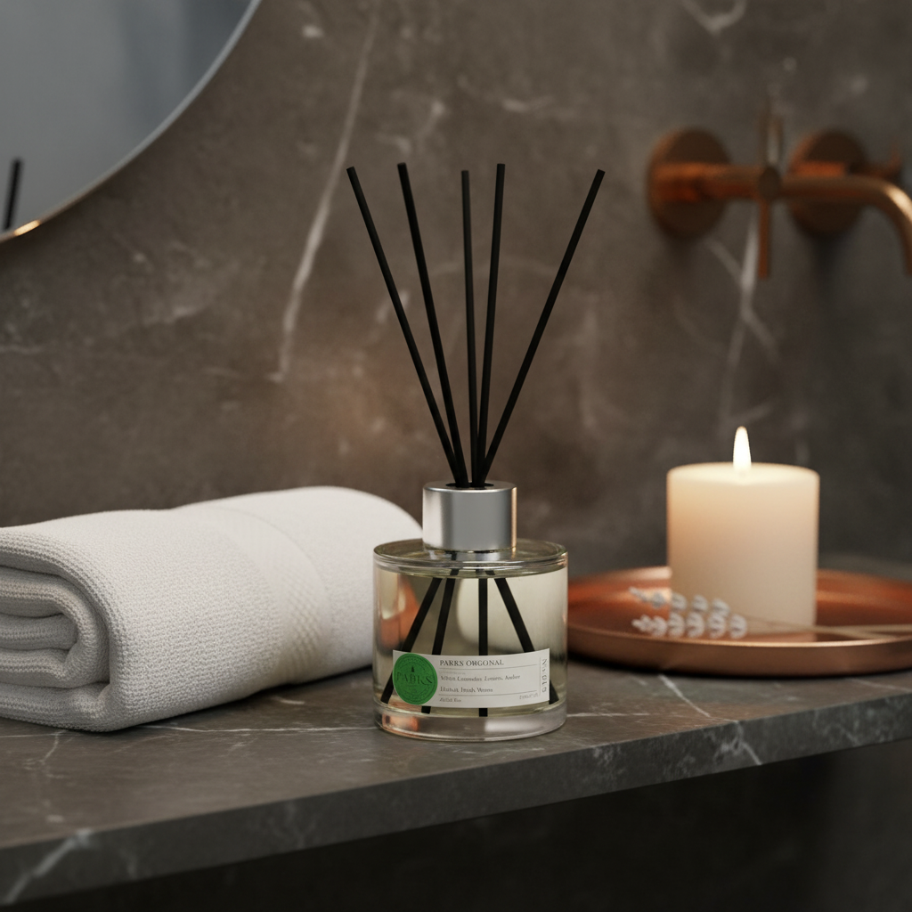 Diffuser with reeds on a marble surface next to a candle and towel