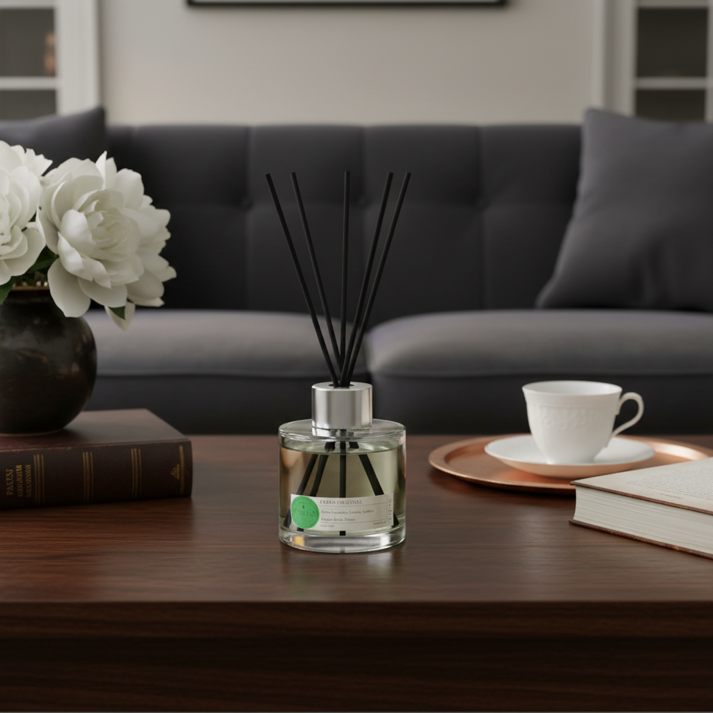 A diffuser bottle on a wooden table with a cup, saucer, and books in a cozy living room setting.