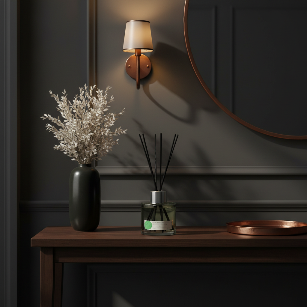Decorative items on a wooden table against a dark wall with a mirror.