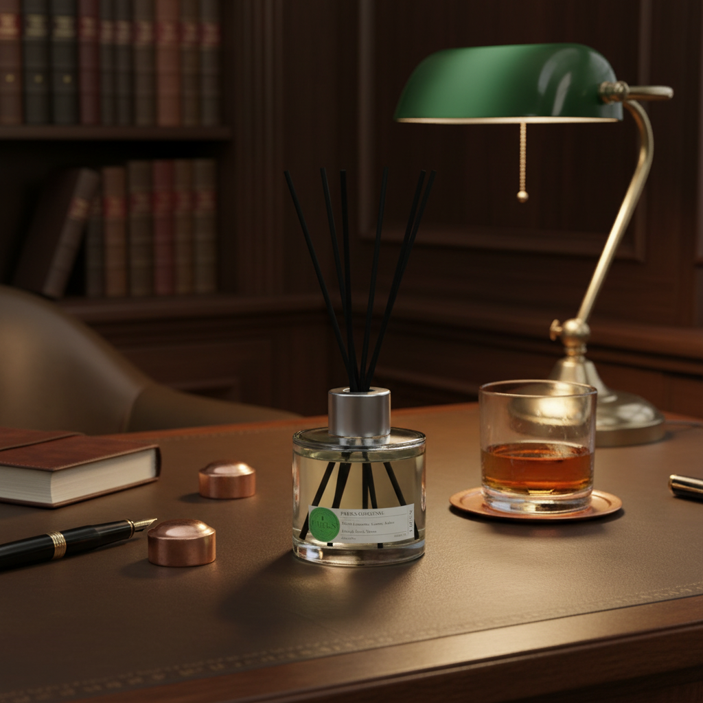 A desk setup with a diffuser, glass of liquid, and lamp in a cozy room.