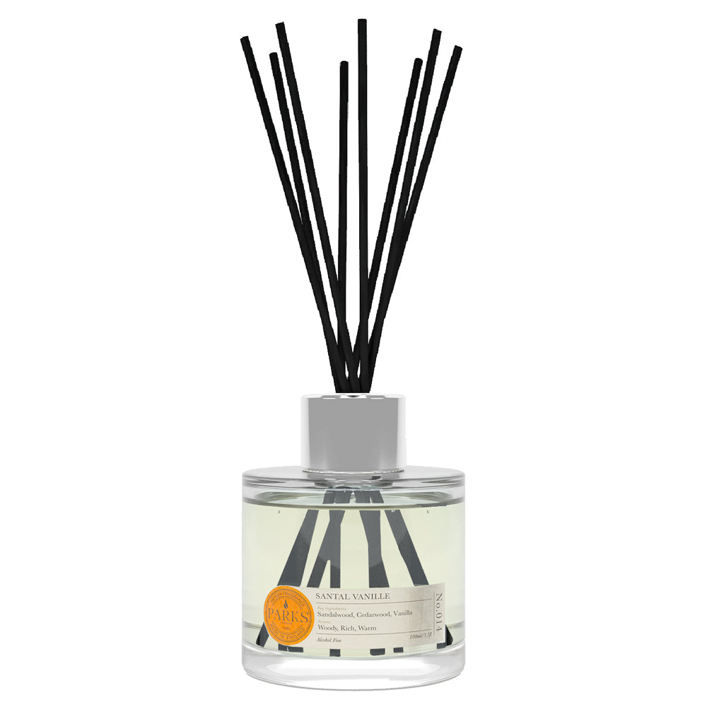 Diffuser bottle with black reeds on a white background