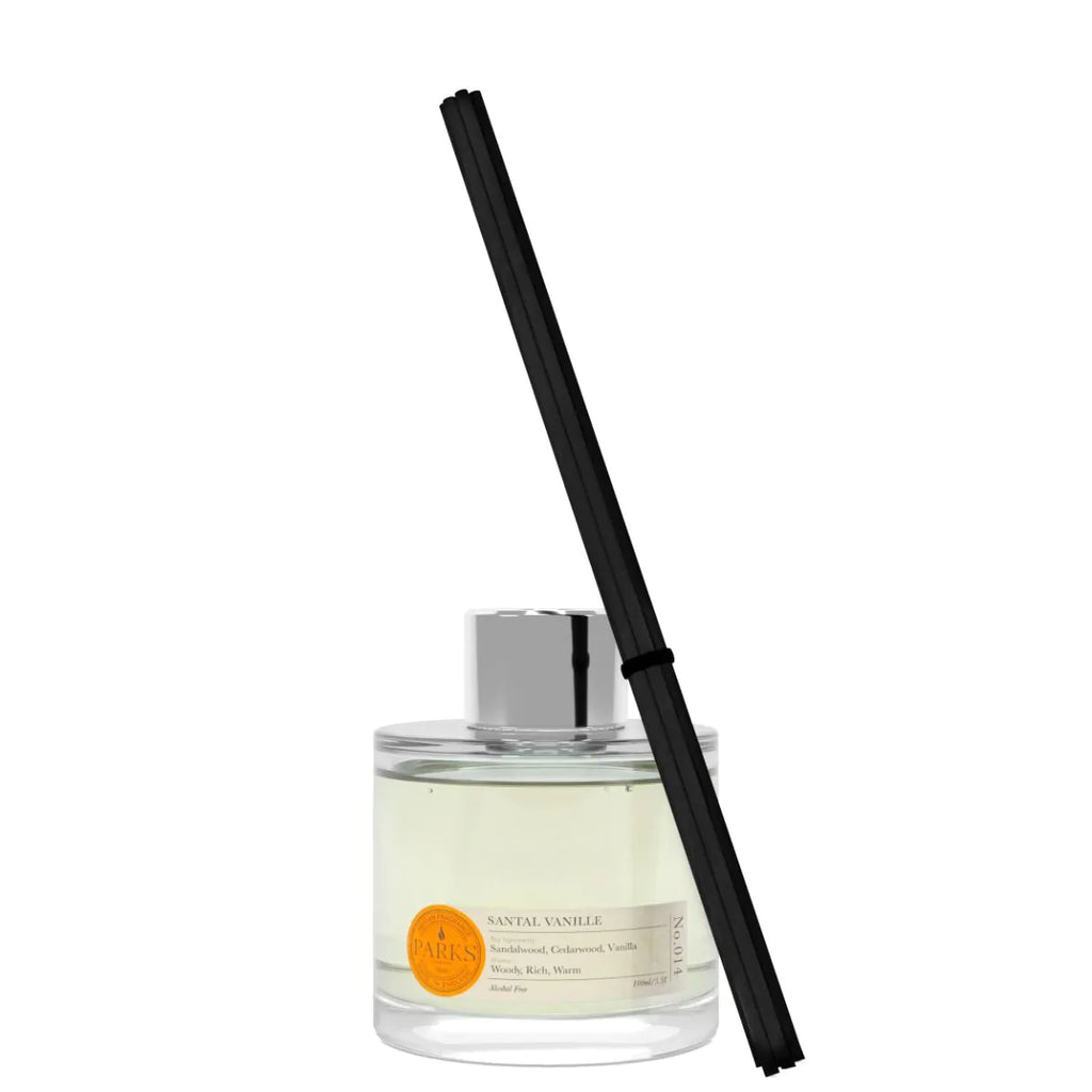 Sandalwood Lavender diffuser with black reed on a white background