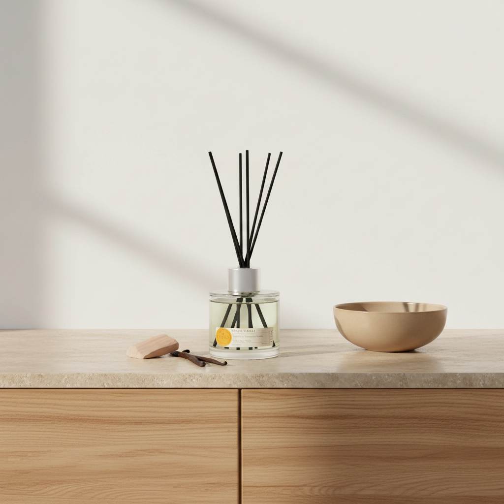 Diffuser with reeds and a bowl on a wooden surface with a neutral background